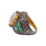 Moonstone Ruby Emerald and Diamond 925 Silver Gold Plated Ring