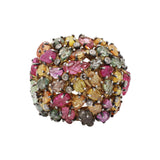 Natural Multi Tourmaline Gemstone and Diamond 925 Silver Gold Plated Ring