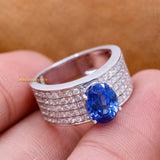 Natural Blue Sapphire Gemstone With Diamond 18k White Gold Band Ring