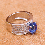 Natural Blue Sapphire Gemstone With Diamond 18k White Gold Band Ring