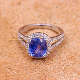 Natural Blue Sapphire Gemstone With Diamond 18k White Gold Ring