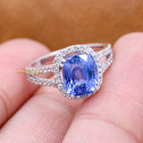 Natural Blue Sapphire Gemstone With Diamond 18k White Gold Ring