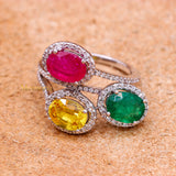 Natural Emerald, Ruby, Yellow Sapphire Gemstone With Diamond 18k White Gold Ring