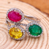 Natural Emerald, Ruby, Yellow Sapphire Gemstone With Diamond 18k White Gold Ring