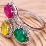 Natural Emerald, Ruby, Yellow Sapphire Gemstone With Diamond 18k White Gold Ring