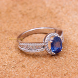 Natural Blue Sapphire Gemstone With Diamond 18k White Gold Ring