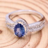 Natural Blue Sapphire Gemstone With Diamond 18k White Gold Ring