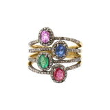 Pink And Blue Sapphire, Ruby, Emerald Gemstone With Diamond 925 Silver Ring