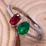 Natural Emerald, Ruby Gemstone With Diamond 18k White Gold Ring