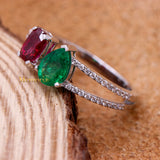 Natural Emerald, Ruby Gemstone With Diamond 18k White Gold Ring