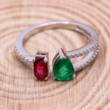 Natural Emerald, Ruby Gemstone With Diamond 18k White Gold Ring