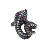Snake Shaped Blue Sapphire, Ruby Gemstone With Diamond 925 Silver Ring