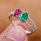Natural Emerald, Ruby Gemstone With Diamond 18k White Gold Ring
