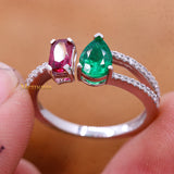 Natural Emerald, Ruby Gemstone With Diamond 18k White Gold Ring