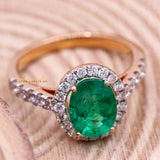 Natural Emerald Gemstone & Diamond Ring In 18k Rose Gold