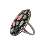 Leaf Pattern Natural Multi Tourmaline Gemstone With Diamond 925 Silver Ring