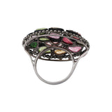 Leaf Pattern Natural Multi Tourmaline Gemstone With Diamond 925 Silver Ring