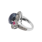 925 Sterling Silver Ruby, Blue Sapphire Oval Cut Gemstone and Diamond Ring