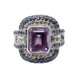 925 Sterling Silver Natural Amethyst, Sapphire Gemstone and Diamond Ring