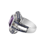 925 Sterling Silver Natural Amethyst, Sapphire Gemstone and Diamond Ring