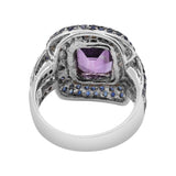 925 Sterling Silver Natural Amethyst, Sapphire Gemstone and Diamond Ring