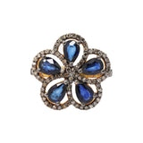 Flower Gold Plated Natural Blue Sapphire and Diamond 925 Silver Ring