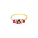Three Stone Natural Ruby Gemstone & Diamond 18k White Gold Handmade Ring For Women