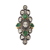 Natural Emerald Gemstone and Polki Diamond 925 Silver Gold Plated Ring