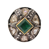 Black Rhodium Emerald and Polki Diamond 925 Sterling Silver Gold Plated Ring