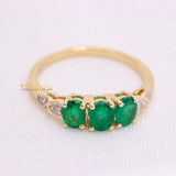 Three Stone 14k Yellow Gold Precious Natural Emerald & Diamond Healing Ring For Women