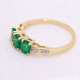 Three Stone 14k Yellow Gold Precious Natural Emerald & Diamond Healing Ring For Women