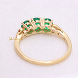 Three Stone 14k Yellow Gold Precious Natural Emerald & Diamond Healing Ring For Women