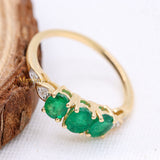 Three Stone 14k Yellow Gold Precious Natural Emerald & Diamond Healing Ring For Women