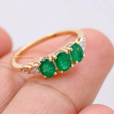 Three Stone 14k Yellow Gold Precious Natural Emerald & Diamond Healing Ring For Women