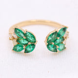 Adjustable Natural Emerald And Diamond Open Wings 14k Gold Precious Rings For Women