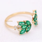 Adjustable Natural Emerald And Diamond Open Wings 14k Gold Precious Rings For Women