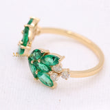 Adjustable Natural Emerald And Diamond Open Wings 14k Gold Precious Rings For Women