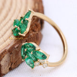 Adjustable Natural Emerald And Diamond Open Wings 14k Gold Precious Rings For Women