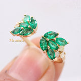 Adjustable Natural Emerald And Diamond Open Wings 14k Gold Precious Rings For Women