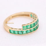 Channel Set Natural Emerald Square Cut Gemstone 14k Yellow Gold Ring For Women & Mens