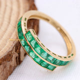Channel Set Natural Emerald Square Cut Gemstone 14k Yellow Gold Ring For Women & Mens