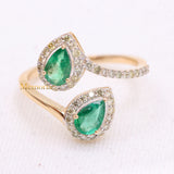 14k Yellow Gold Two Stone Natural Pear Cut Emerald Gemstone With Diamond By Pass Ring