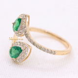 14k Yellow Gold Two Stone Natural Pear Cut Emerald Gemstone With Diamond By Pass Ring