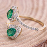 14k Yellow Gold Two Stone Natural Pear Cut Emerald Gemstone With Diamond By Pass Ring