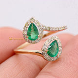 14k Yellow Gold Two Stone Natural Pear Cut Emerald Gemstone With Diamond By Pass Ring