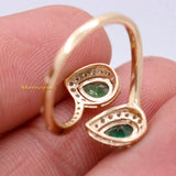 14k Yellow Gold Two Stone Natural Pear Cut Emerald Gemstone With Diamond By Pass Ring