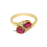 Natural Oval Cut Ruby Gemstone and Diamond 14k Yellow Gold Bypass Ring