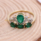 Beautiful Natural Emerald Gemstone & Diamond Crown Ring In 14k Yellow Gold