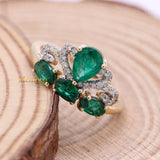 Beautiful Natural Emerald Gemstone & Diamond Crown Ring In 14k Yellow Gold