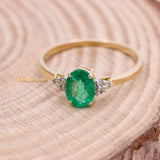 Trendy Natural Oval Cut Emerald Gemstone & Diamond Ring In 14k Yellow Gold